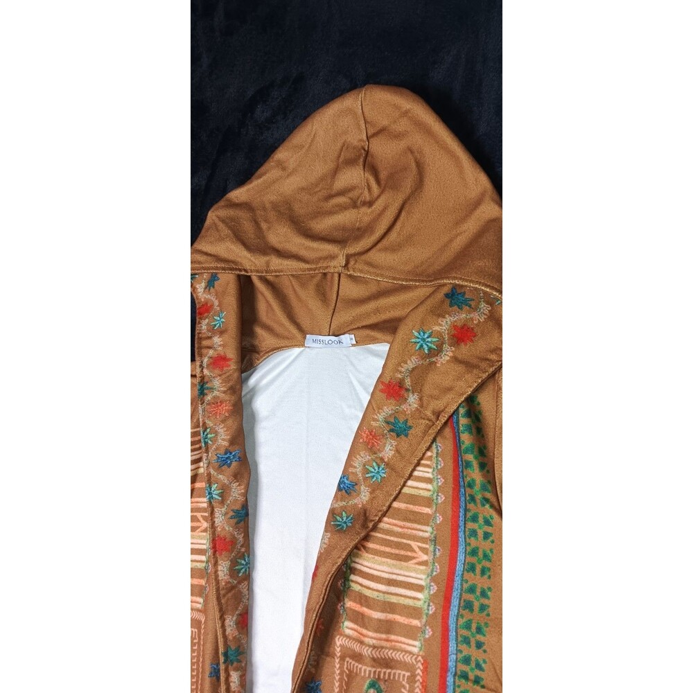 Misslook Hooded Open Front Longline Cardigan Duster Jacket S Boho Festival Folk - Picture 3 of 13